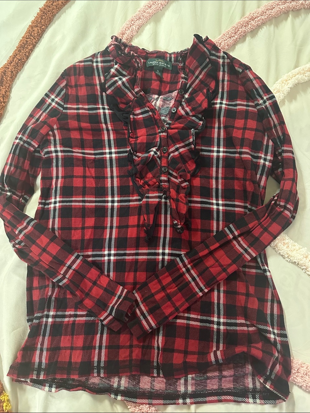 Ralph Lauren Red & Black Plaid Ruffle Henley Top